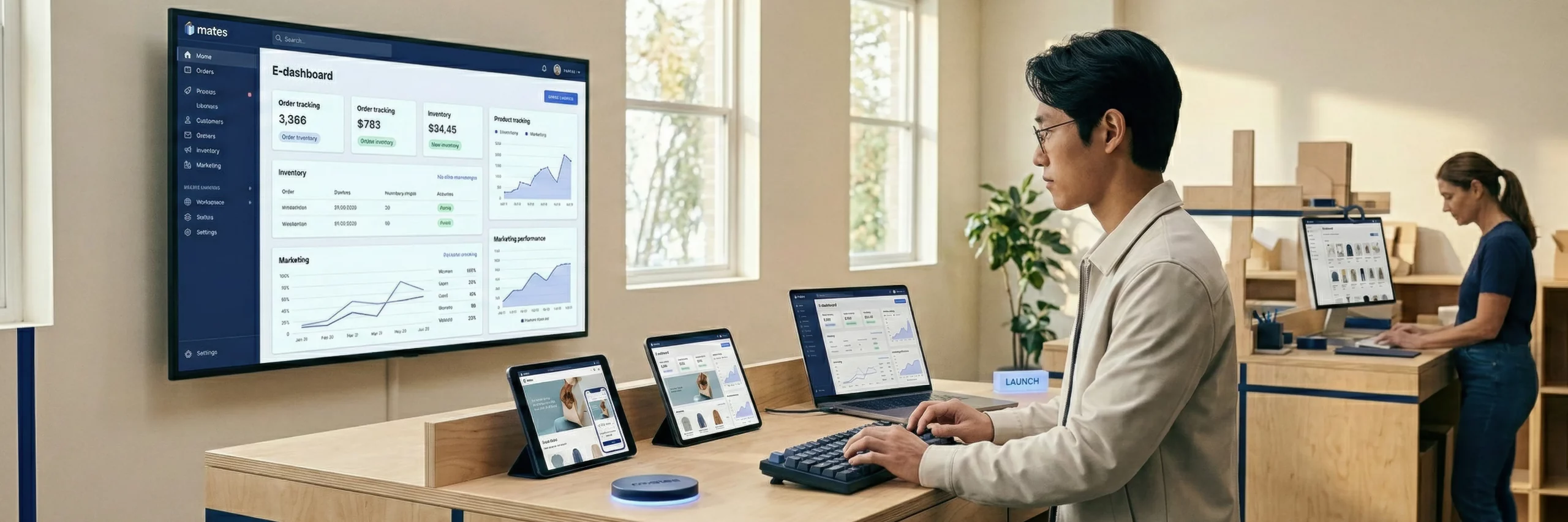 Ein Mates-Teammitglied konfiguriert das E-Commerce-Dashboard auf einem großen Monitor und Laptop für den Shop-Launch.