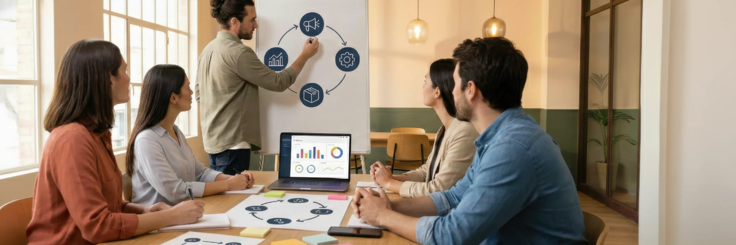  Kleines Team aus Marketing, IT und Logistik arbeitet in einem Workshop gemeinsam an Prozessen und Daten – Digitalisierung im Online-Handel als Kulturthema.