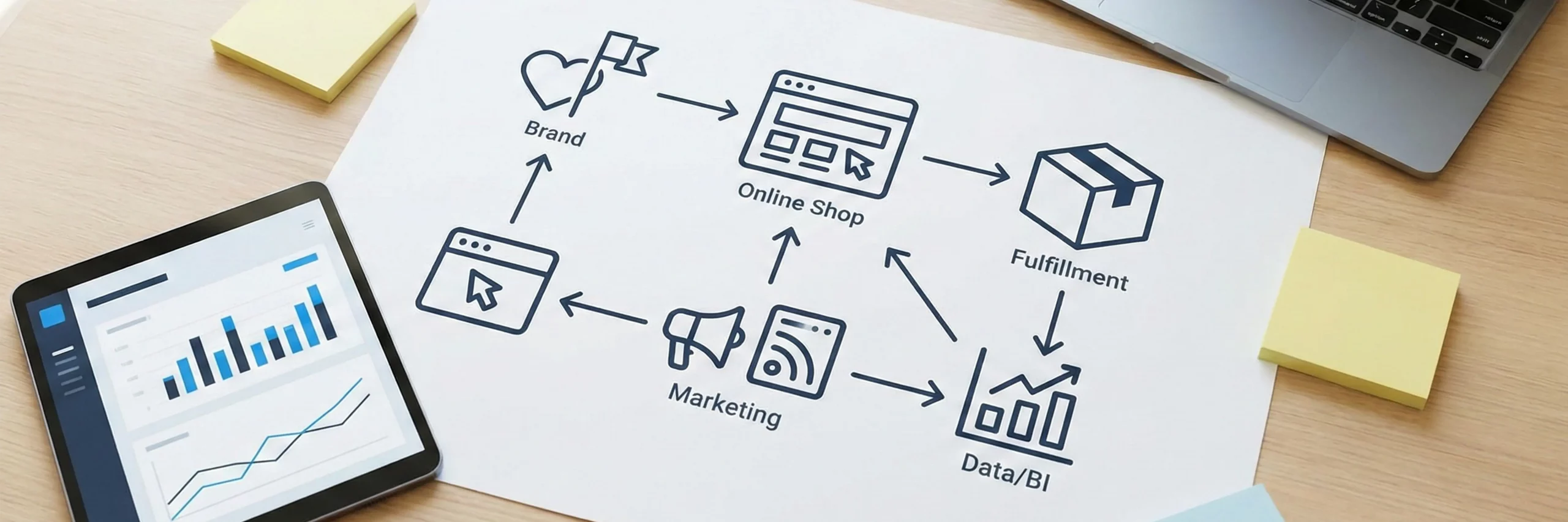  Schematische Darstellung eines vernetzten E-Commerce-Ökosystems mit Symbolen für Marke, Shop, Fulfillment, Marketing-Kanäle und Daten auf einem Tisch.