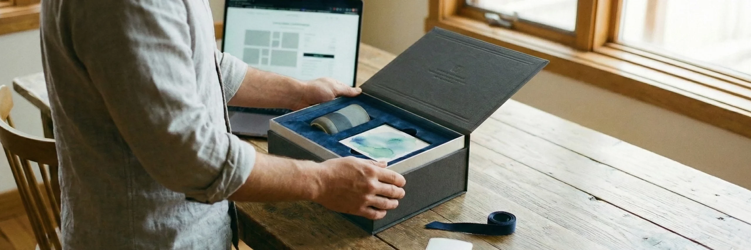 Person öffnet ein sorgfältig verpacktes Paket mit Produkt und Karte; das Paket zeigt Fulfillment als Teil des e-Commerce Brandings.