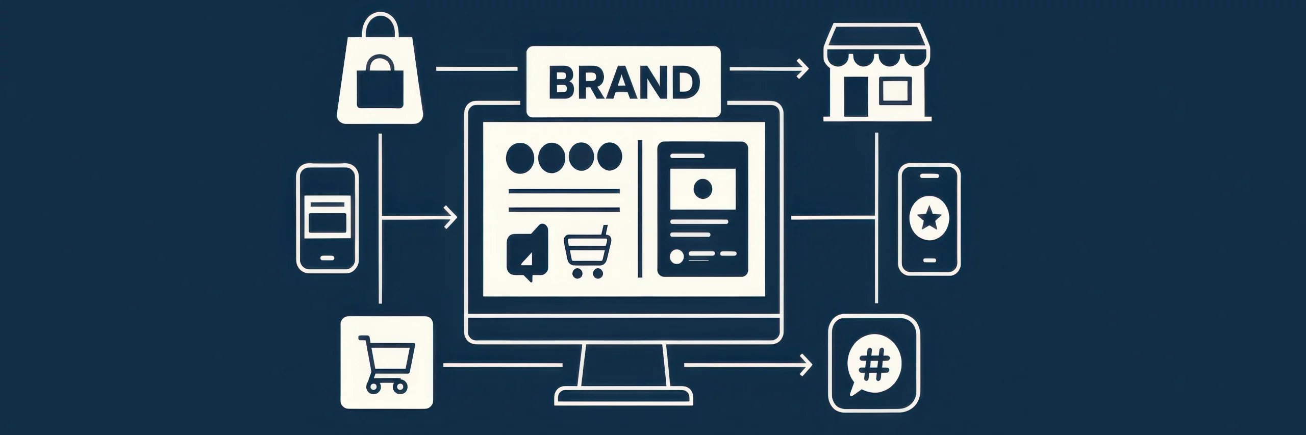 E-Commerce-Branding-Illustration von MadeByMates mit zentralem Branding-Dashboard und Symbolen für Online-Shop, Social Media und stationären Handel