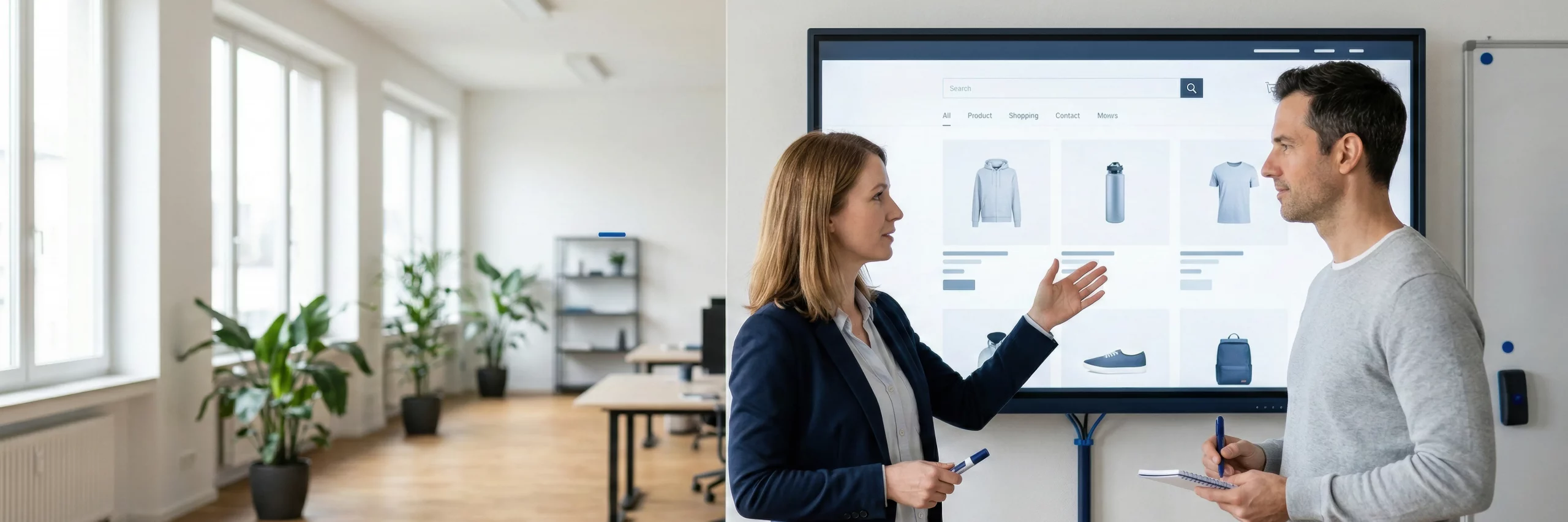 Zwei Experten von MadeByMates beraten zur eCommerce Dienstleistung vor einem Monitor.