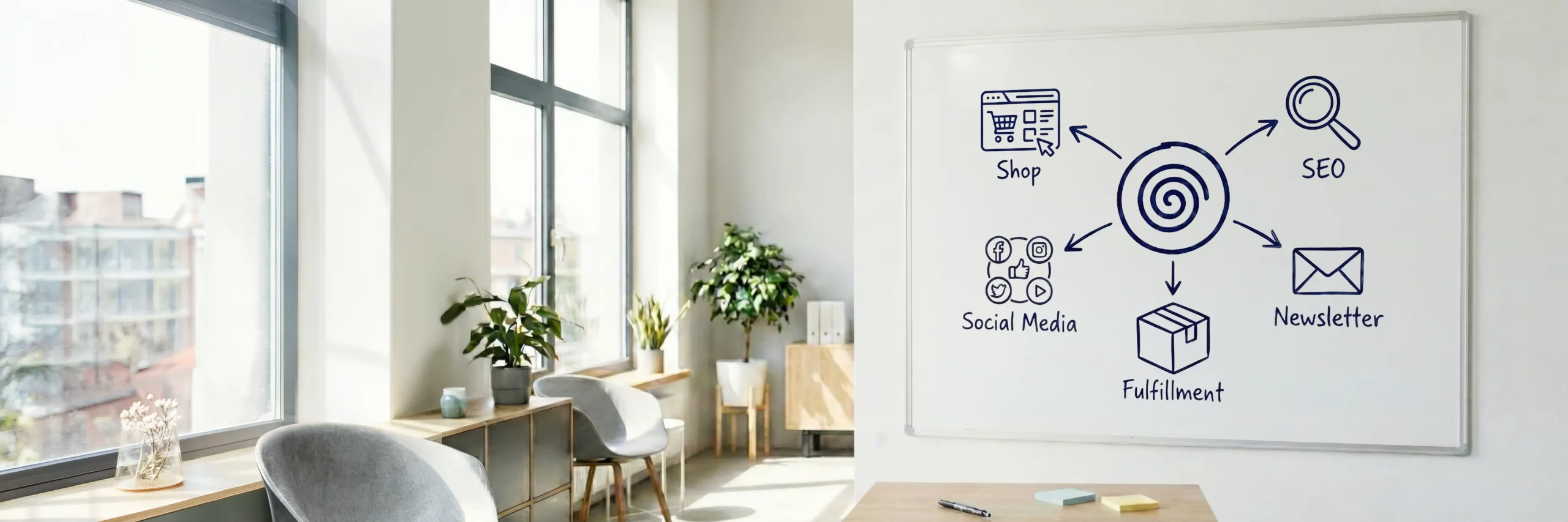 Whiteboard mit einem Markensymbol in der Mitte und Icons für Shop, Social Media, Suche, Newsletter und Fulfillment, die über Pfeile verbunden sind – Planung von Markenbekanntheit über digitale Touchpoints.