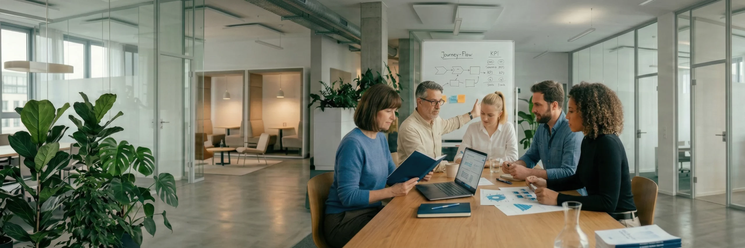 Workshop-Szene: Team entwickelt Marketing Strategieentwicklung am Whiteboard mit Customer Journey und KPI-Logik.