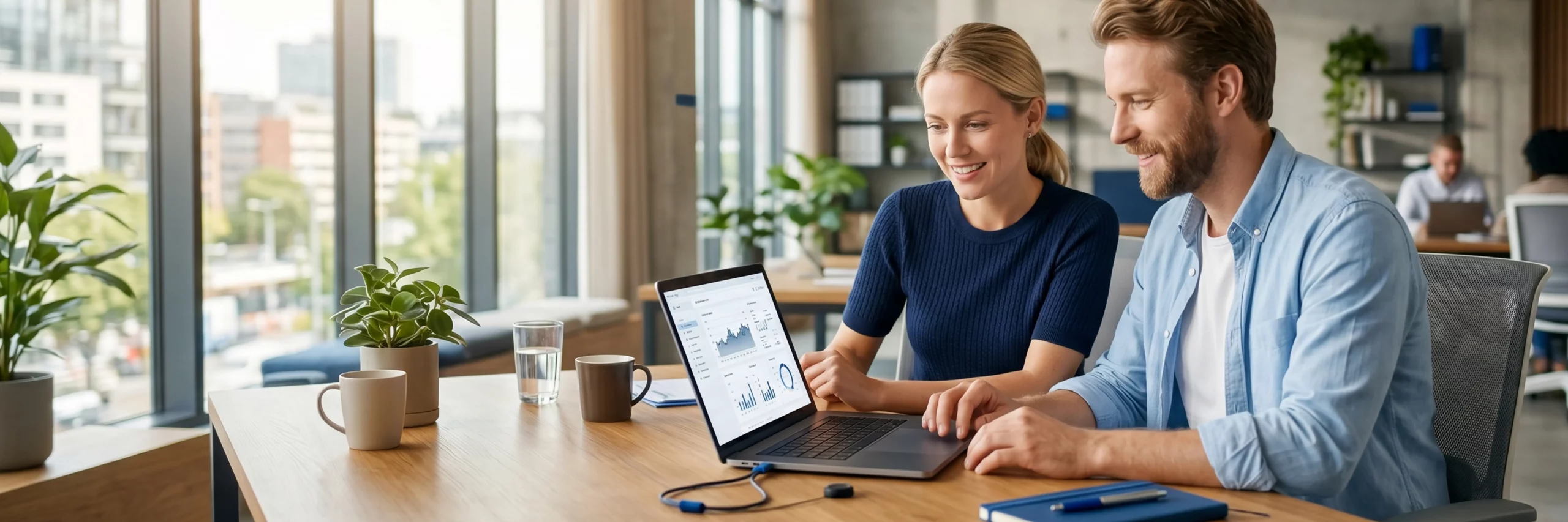 Zwei Kollegen analysieren fokussiert und zufrieden Daten an einem Laptop im Büro.
