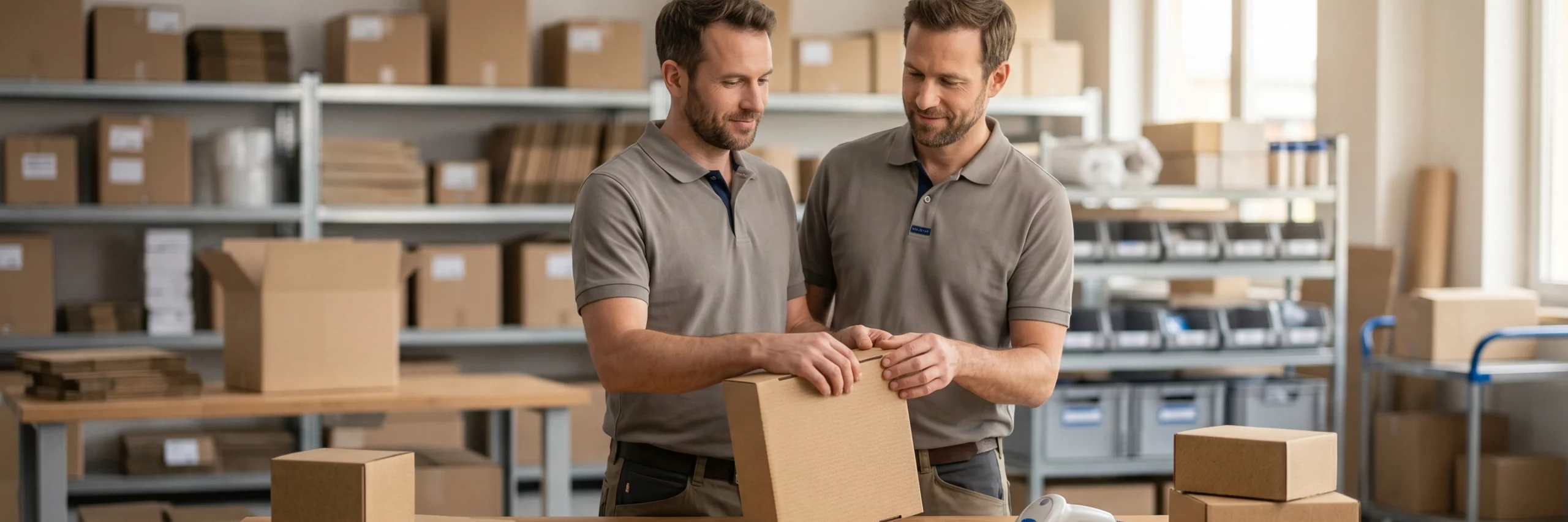 Ein Mann prüft sorgfältig nachhaltige Versandmaterialien in einem hellen Lager.