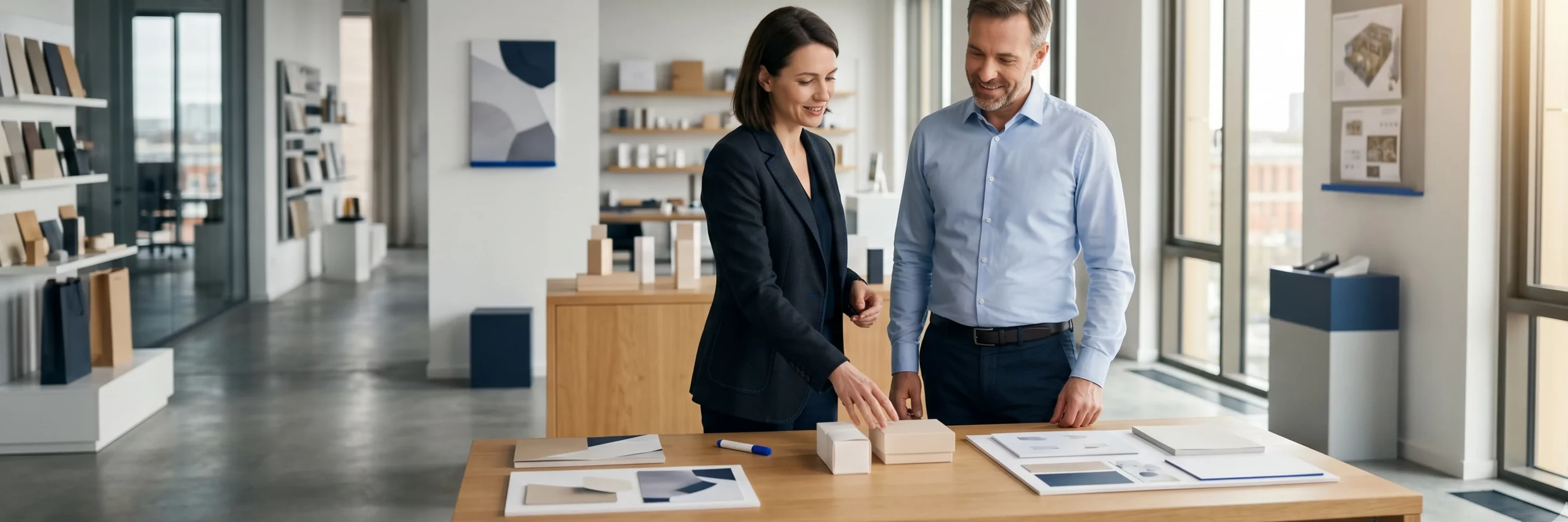 Zwei Geschäftspartner besprechen zufrieden eine Strategie in einem modernen Showroom