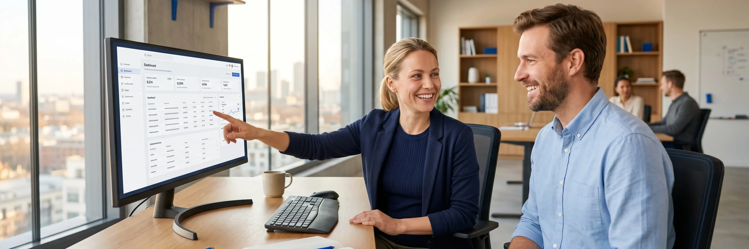Eine Frau erklärt einem Kollegen an einem Monitor einen digitalen Prozess.