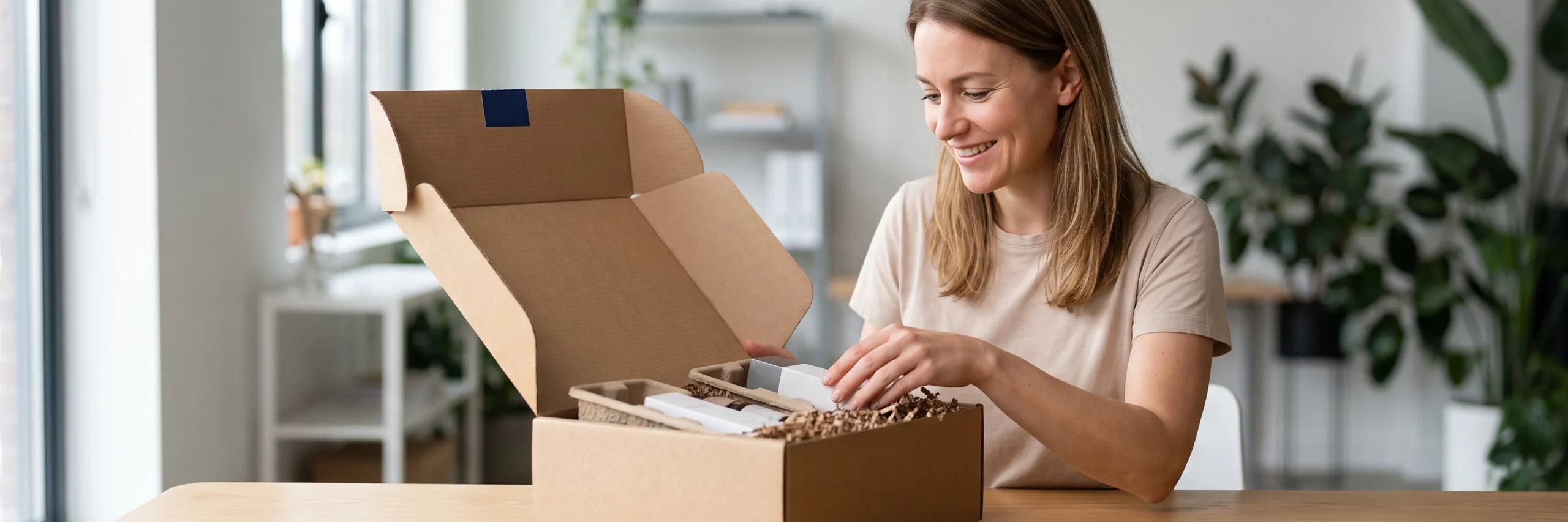 Eine Person öffnet ein hochwertig verpacktes Paket und freut sich über den Inhalt.