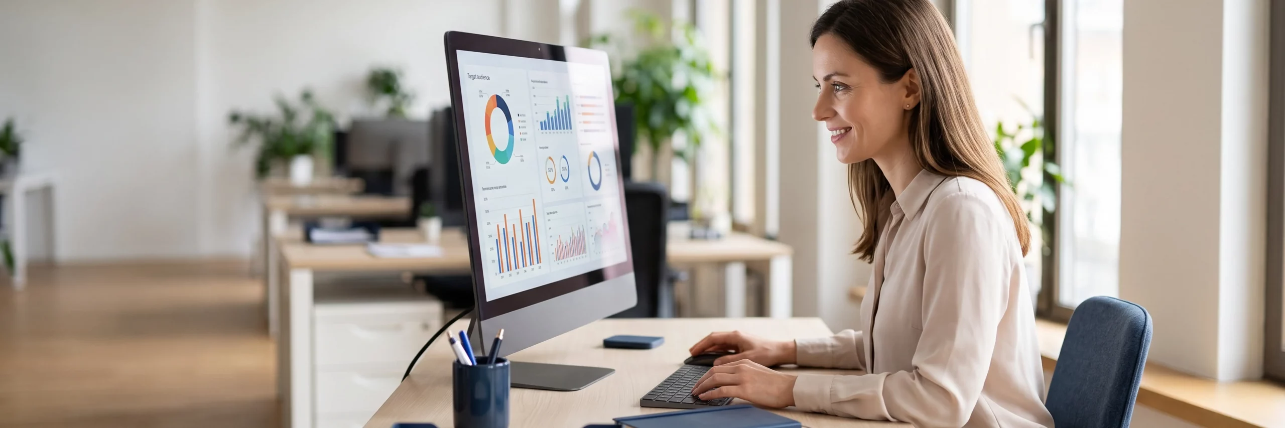 Eine Strategin analysiert konzentriert Daten zur Zielgruppe an ihrem Monitor.